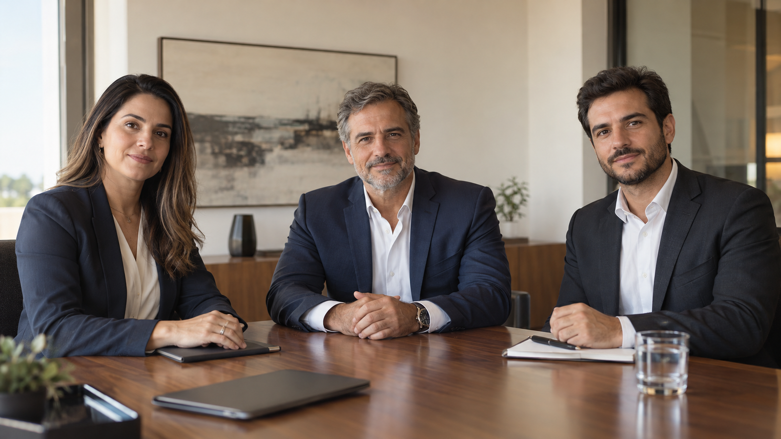 Grupo de três profissionais fictícios em uma sala de reuniões